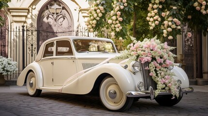 A vintage wedding car decorated with white ribbons and flowers, parked outside a chapel.
