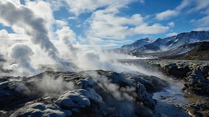 Icelandic landscape with volcanic hot springs and fumaroles - obrazy, fototapety, plakaty