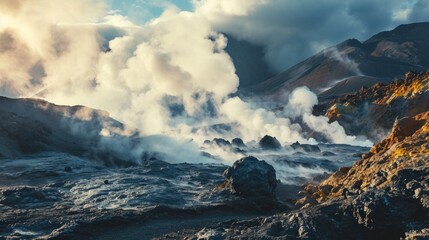 Fototapeta na wymiar Volcanic landscape of the peninsula with smoke evaporating from the ground
