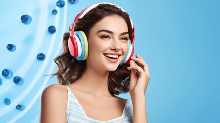 Naklejka premium portrait of young woman in headphones listening to music on blue background