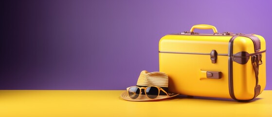 yellow luggage travel suitcase with sunglasses and hat ready for summer journey vacation trip on purple background