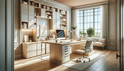 A bright and elegant home office in a contemporary style. The office features a large, sleek desk in a light wood finish