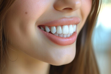 Obraz premium Girl with beautiful white teeth, oral hygene concept