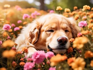 Cute retriever dog sleeping on flowers HD wallpaper