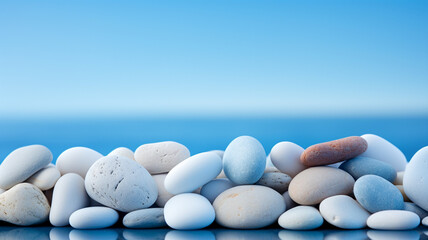 White sea pebble stone stack on light blue background