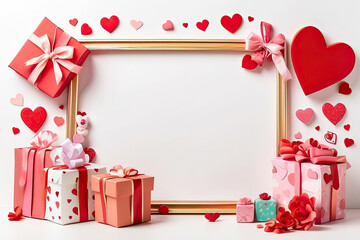 Cartoon frame with Valentine's day gift and hearts on a white background. Love greeting card, date invitation, wedding. Romantic background frame with copy space.