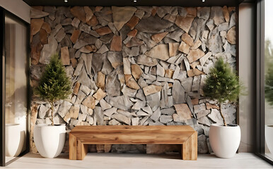 Wild stone cladding wall and wooden bench. Decorative tree trunks composition in rustic style interior design of modern entrance hall. 