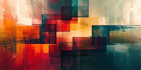 An abstract composition of overlapping squares and rectangles, creating a sense of depth and dimension. Play with warm and cool color palettes for visual interest.