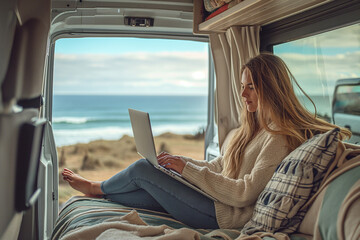 A beautiful woman in stylish clothes works with a laptop in a trailer, mobile home on the ocean. Freelancer. Work remotely. trailer home. Camping vacation