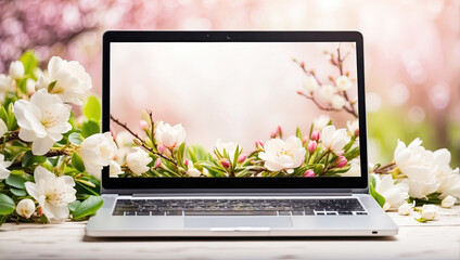 Laptop with delicate spring flowers wallpaper on table in a blooming spring apple orchard. Seasonal remote work, internet, shopping, spring time. 