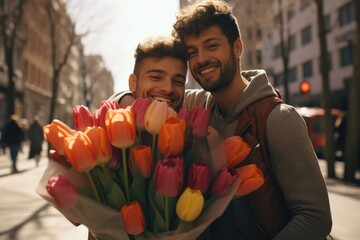 Two lovely men gay couple with present celebrating valentines day