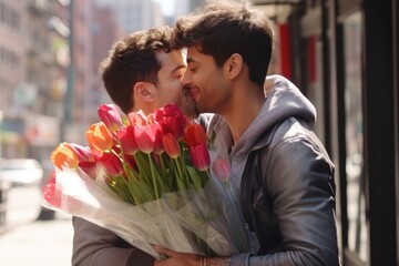 Two lovely men gay couple with present celebrating valentines day