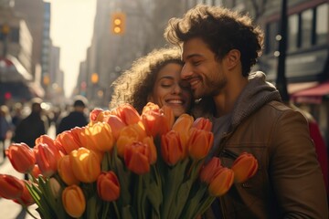 Lovely couple with flowers kissing and hugging on city street