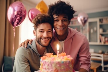 Two lovely men gay couple with present celebrating birthday with cake