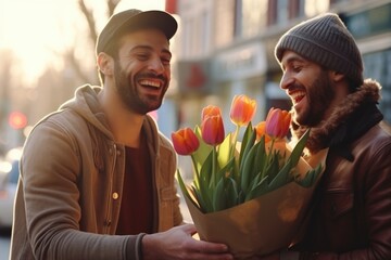 Two lovely men gay couple with present celebrating valentines day
