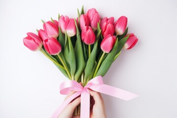 Valentines day concept, bouquet of tulips in hands