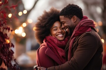 Fototapeta premium Lovely couple with flowers kissing and hugging on city street