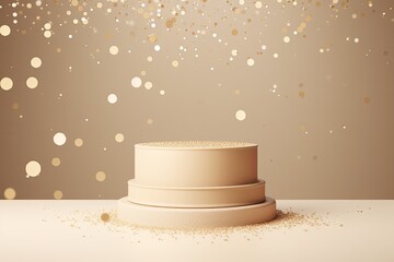 round beige podium for the presentation of luxury products. silver gold glitter and light cream...