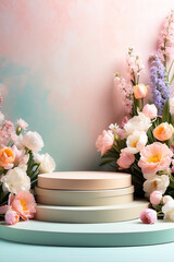 Podium for demonstration and montage of product with delicate floral spring decor. Spring time background, blooming, birthday, March 8, Easter, women's day, wedding. Copy space
