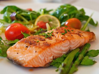 Salmon Delight: Herbed Fillet with Asparagus and Cherry Tomatoes on a Pristine Plate