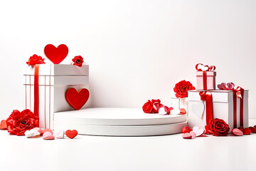 Podium for demonstration and installation of product with Valentine's day decor, with red hearts, roses, gift boxes on white background. Romantic background, date invitation, date invitation, wedding.