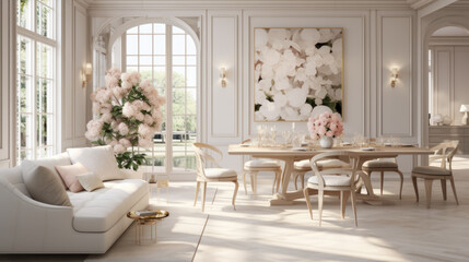 Neoclassical bright dining room interior with floral decoration.