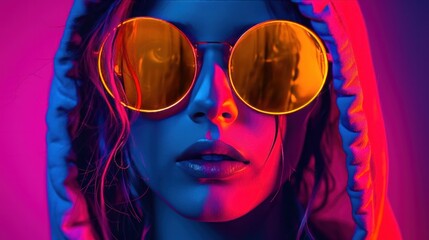 Neon portrait of young woman in round sunglasses and hoodie. Studio shot   