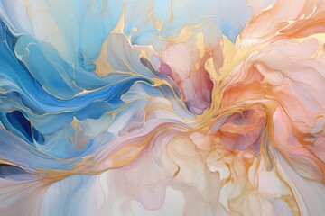 luxury suminagashi backdrop. marble liquid alcohol ink in gold and sky blue colors - obrazy, fototapety, plakaty