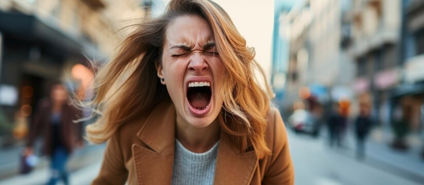 Anxious woman with TMJ disorder expresses displeasure in public.