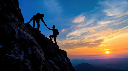 Silhouette of helping hand between two climber    - obrazy, fototapety, plakaty