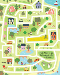 Vector child labyrinth with town symbols for baby, babies. Children maze illustrated with cars, houses, buildings, trees, streets. City easy simple drawing map.