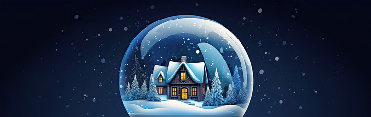 Naklejka premium Magical glass ball with tiny modern cozy winter house inside on dark background. Snow globe, illustration. Insurance, moving, mortgage, rent and purchase real estate. 