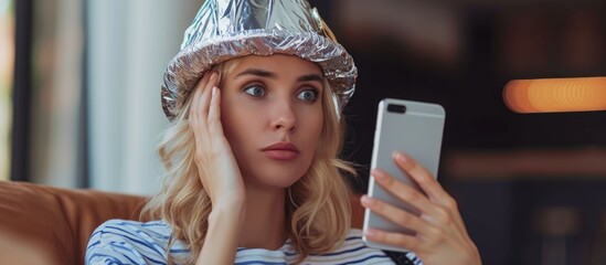 Tinfoil-hatted Caucasian woman using phone with conspiracy theory.