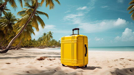 A yellow suitcase on a tropical beach is a trip to the sea in a warm summer climate, a vacation tour. Copy space, mock up
