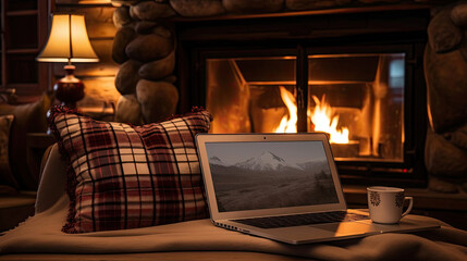 Laptop with a picture of a bonfire screen, indoor near burning fireplace in rustic style, with cozy blanket and cup of coffee. Seasonal remote work, internet, shopping. 