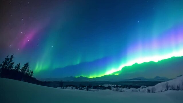 Northern Lights, Flickering light shows in the polar regions caused by the interaction of solar charges with the Earth's atmosphere. Generative AI