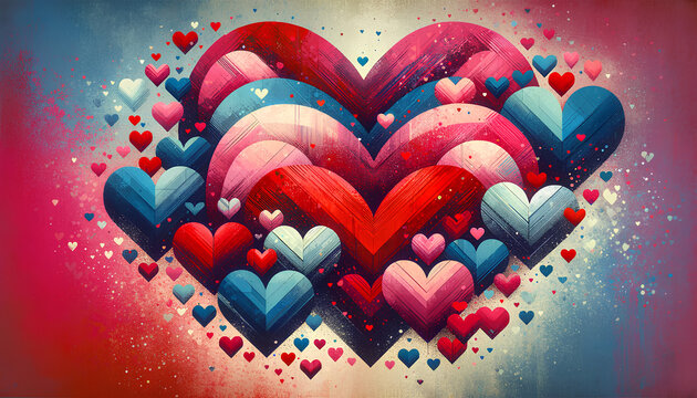  A stylized wide panoramic image with a textured artistic look, showcasing large hearts in bold shades of red, pink, and blue, with smaller hearts spri generative AI 