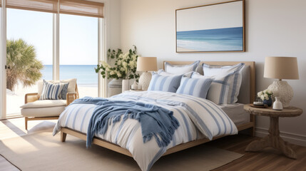 Mediterranean hotel room interior in blue tones.