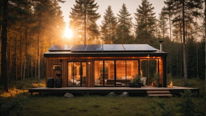 The roof of a modern house with eco-friendly solar panels in harmony with nature, ecology, saving natural resources, alternative energy source - obrazy, fototapety, plakaty