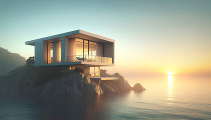 A modern, minimalistic house perched on a sea cliff during sunrise. The ambiance is filled with hues of soft yellow, light pink, and sky blue, generative AI 
