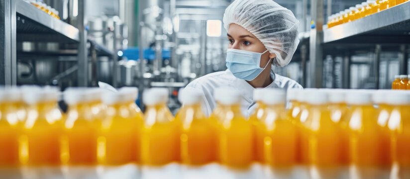 Fruit juice production staff perform quality checks to ensure good products for consumers.