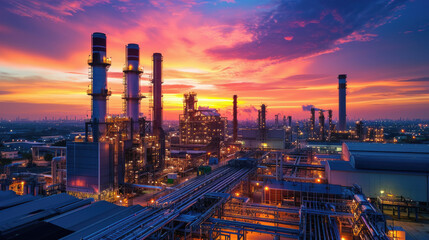 Gas turbine electrical power plant factory in dramatic twilight sunset.