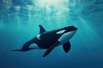 a orca fish or killer whale swimming on under water of sea