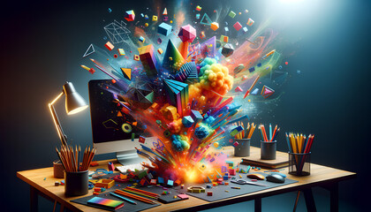 An artistic and vibrant desk scene with a creative explosion of geometry and color. The image showcases a desktop with various colorful geometric shap