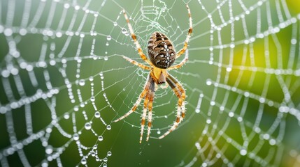 a spider on Dew-covered spider web to waiting a victim of insect