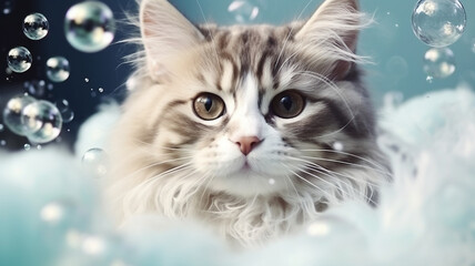 Cat kitten grooming washing shower clean service for pets, animals, foam shampoo bubbles banner 