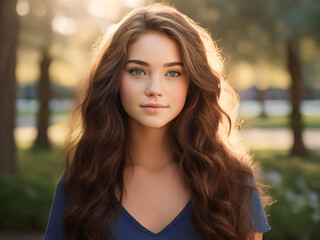Obraz premium Portrait of a beautiful young woman with long brown curly hair.