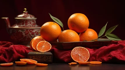 Fotobehang Concept image of the lunar new year. mandarin orange, jam and red packet. generative AI © wikkie