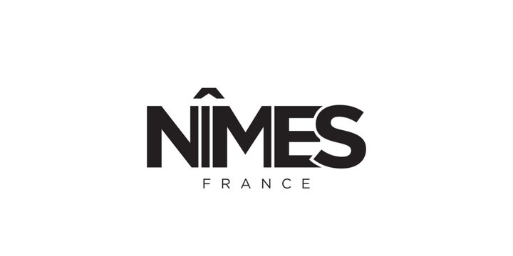 Nimes in the France emblem. The design features a geometric style, vector illustration with bold typography in a modern font. The graphic slogan lettering.