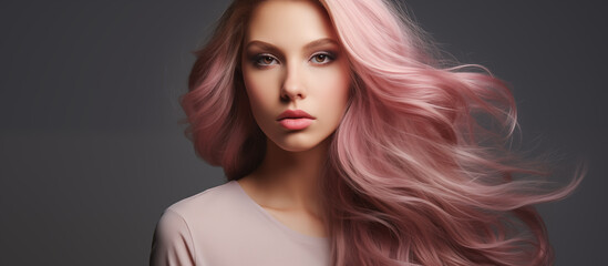 A gorgeous woman's hair is dyed in a Ombre style, in the style of anthracite, gradient, on gray background.
